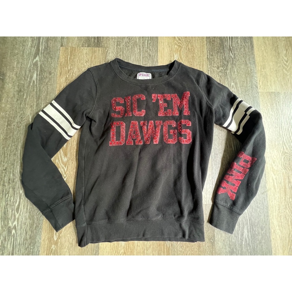*REPOSH*PINK Victoria's Secret Black Sweatshirt with Red Glitter "SIC 'EM DAWGS"
